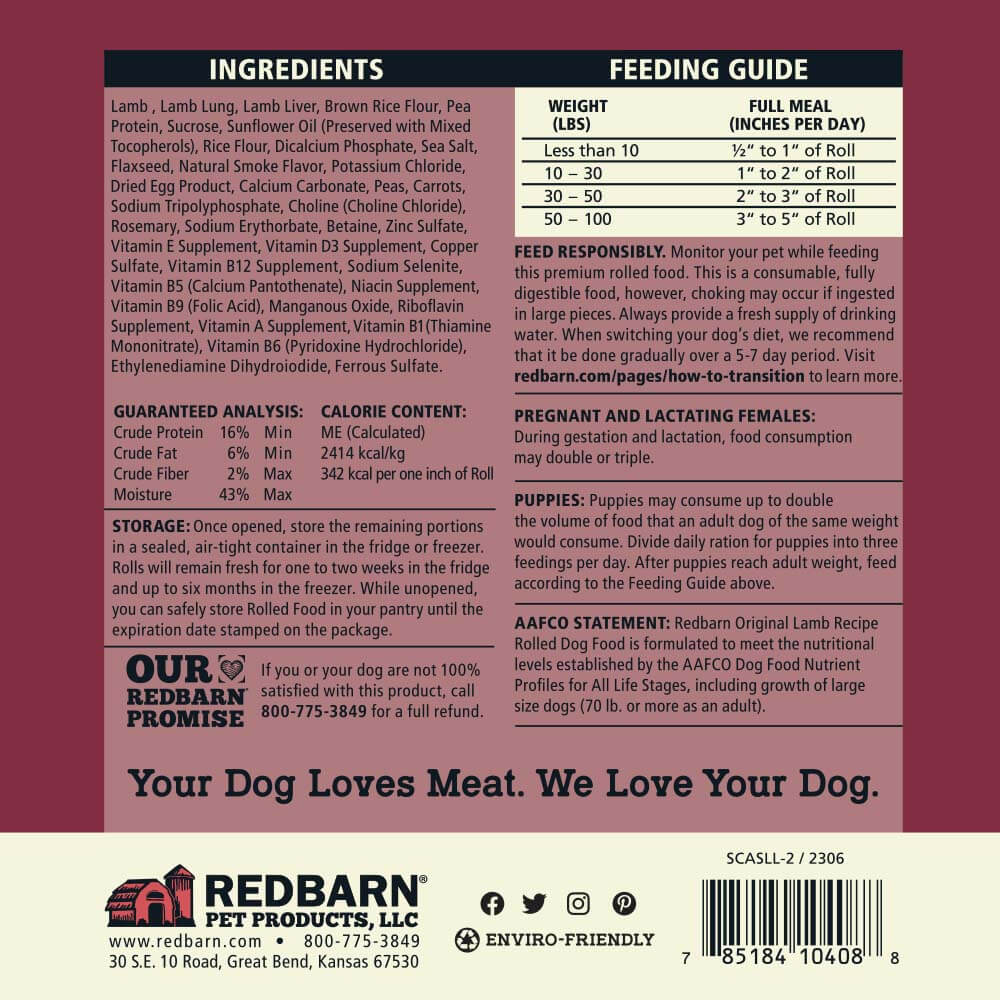 Redbarn Semi-Moist Rolled Food showcasing the Ingredients, Guaranteed Analysis, Calorie Content, AAFCO Statement, Feeding Guide and Safety Warnings