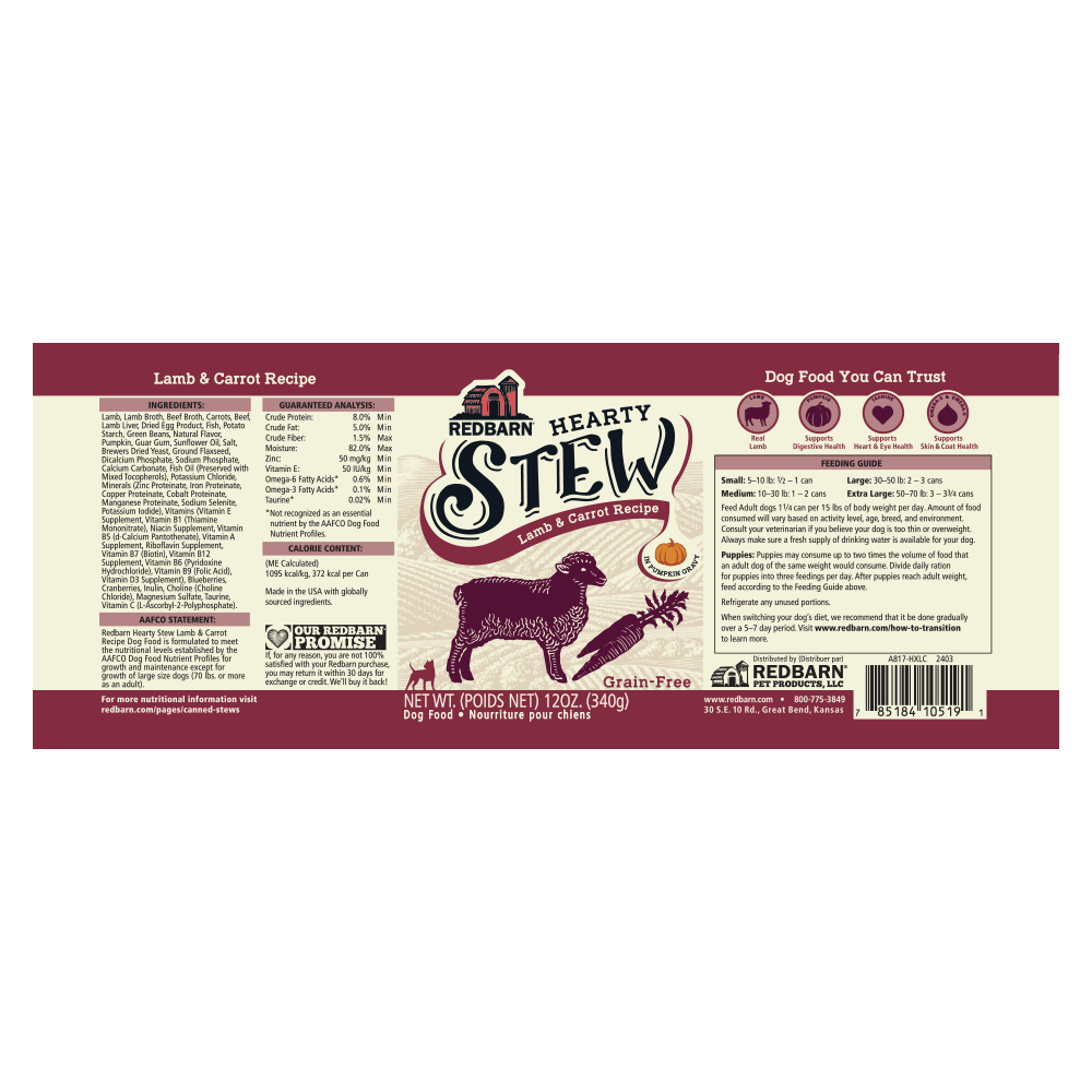 The label for a can of hearty stew for dogs with a drawing of lamb and carrot.