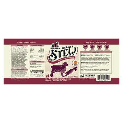 The label for a can of hearty stew for dogs with a drawing of lamb and carrot.