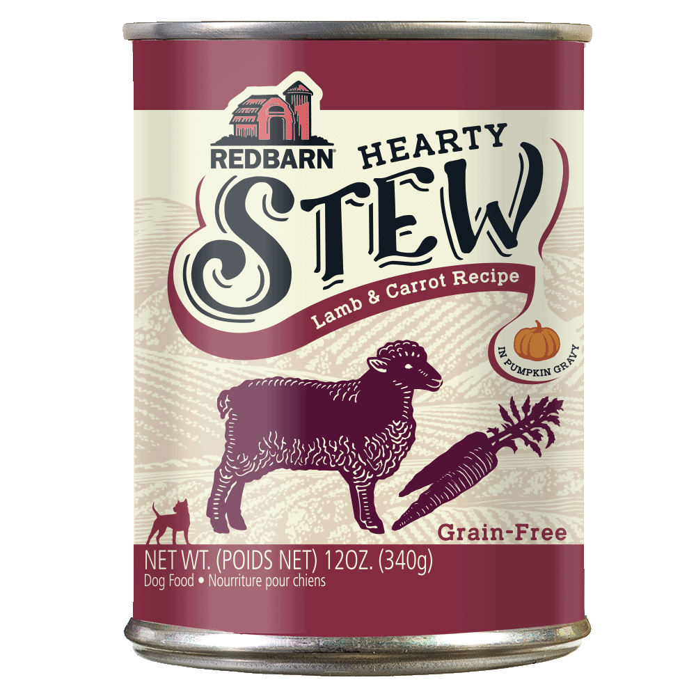 Can of hearty stew for dogs with a drawing of lamb and carrot.