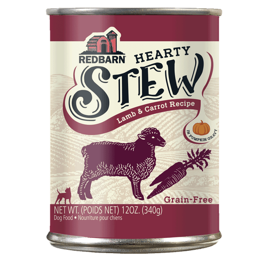 Can of hearty stew for dogs with a drawing of lamb and carrot.