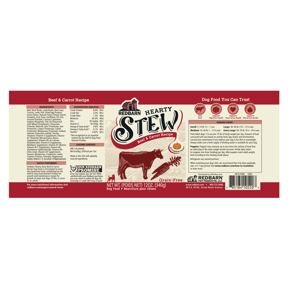 The label for a can of hearty stew for dogs with a drawing of cow and carrot.