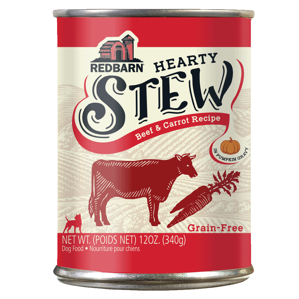 Can of hearty stew for dogs with a drawing of cow and carrot