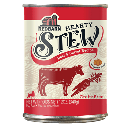 Can of hearty stew for dogs with a drawing of cow and carrot