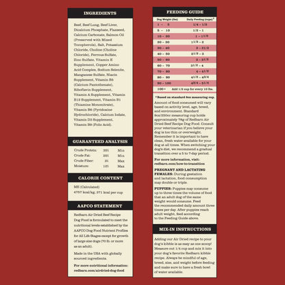 Air Dried Beef Recipe Dog Food Feeding Guide, AAFCO Statement, Ingredients, Guaranteed Analysis, Calorie Content & Mix-in Instructions