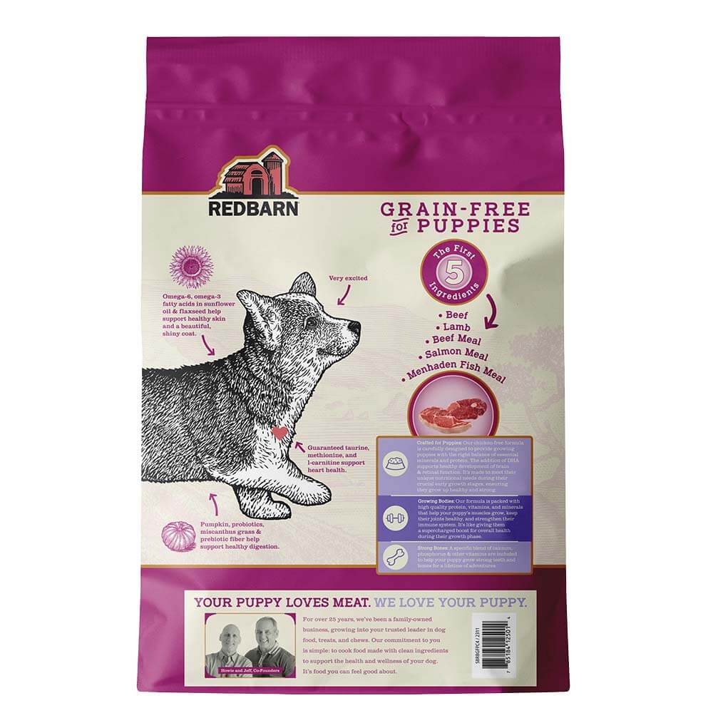 Bag of Redbarn Grain Free Puppy Recipe Dog Food with a drawing of a corgi puppy