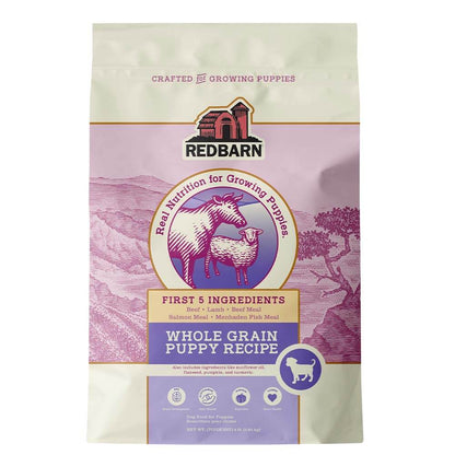 Whole Grain Puppy Recipe bag stating Crafted for Growing Puppies with the First Five Ingredients being Beef, Lamb, Beef Meal, Salmon Meal, Menhaden Fish Meal