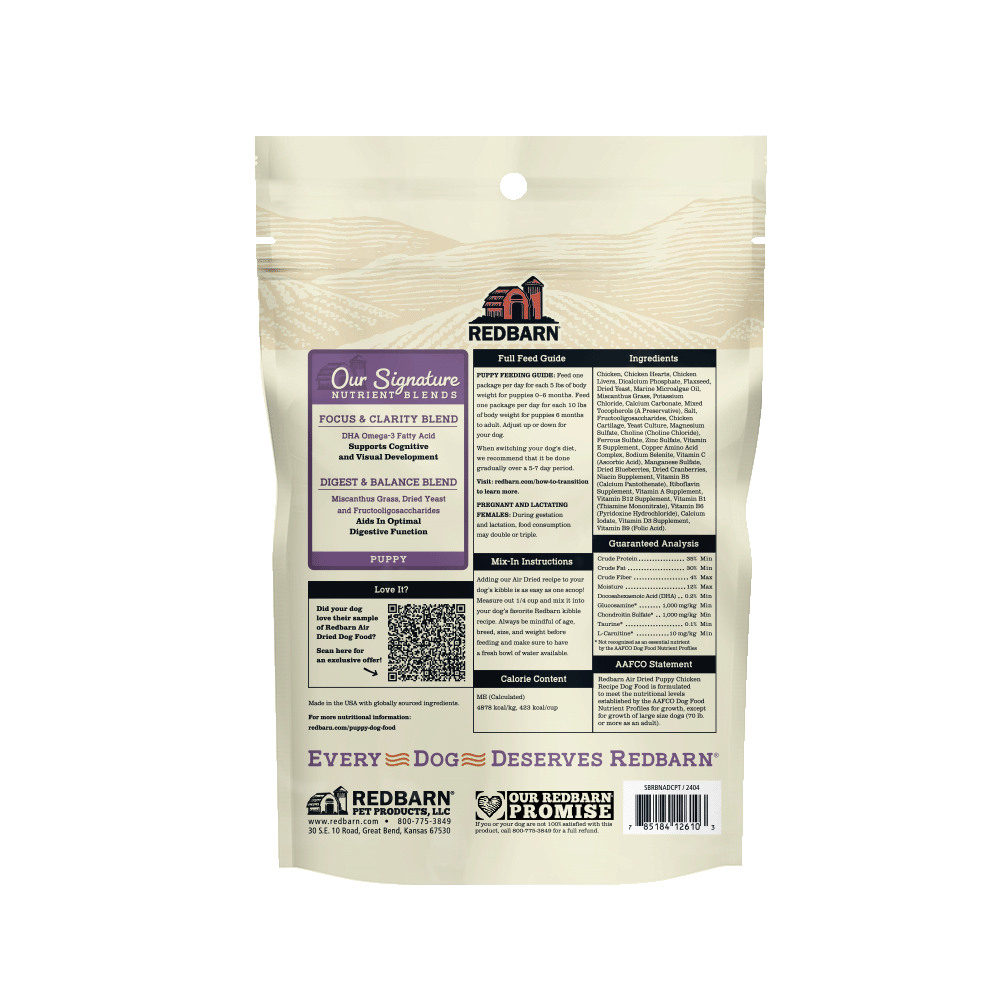  Tan and purple bag stating Air Dried Dog Food for Puppies - Chicken recipe.