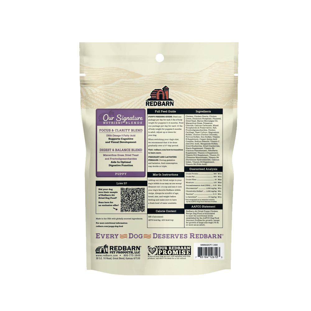  Tan and purple bag stating Air Dried Dog Food for Puppies - Chicken recipe.