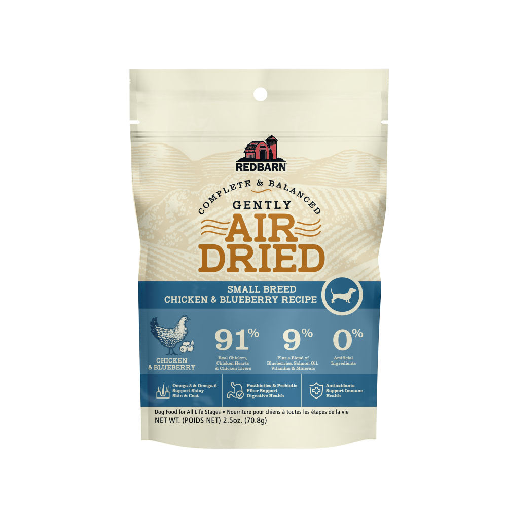 Tan and blue bag stating Air Dried Dog Food for Small Breeds - Chicken and Blueberry Flavor.