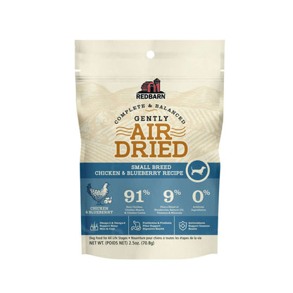 Tan and blue bag stating Air Dried Dog Food for Small Breeds - Chicken and Blueberry Flavor.