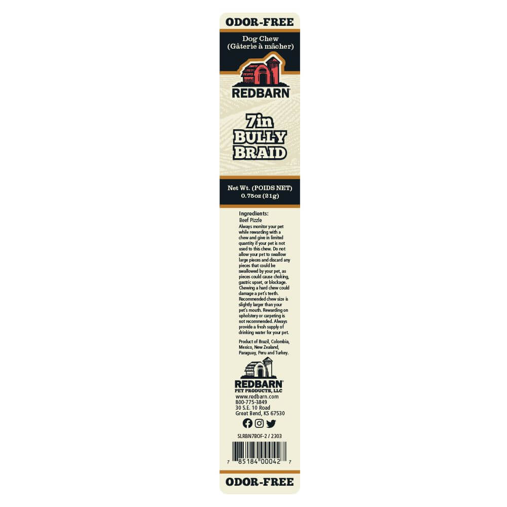 Redbarn Odor-Free Braided Bully Stick - Ingredient & Safety Warning Label