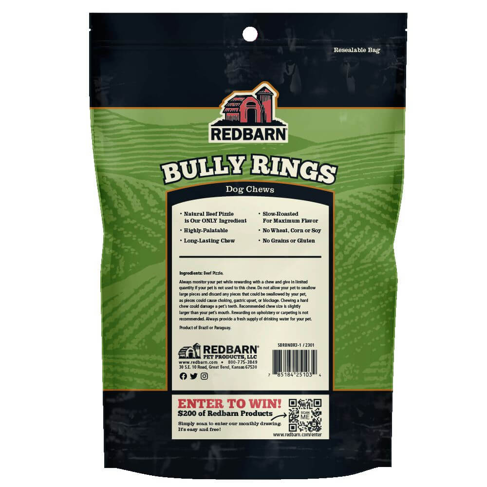 Redbarn Bully Rings back of the pack showcasing the Ingredients, Feeding Guide and Safety Warning