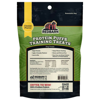 Back of the pack of the Redbarn Protein Puffs Training Treats Cheese Flavor showcasing the Ingredients, Guaranteed Analysis, Calorie Content, Feeding Guide and Safety Warning