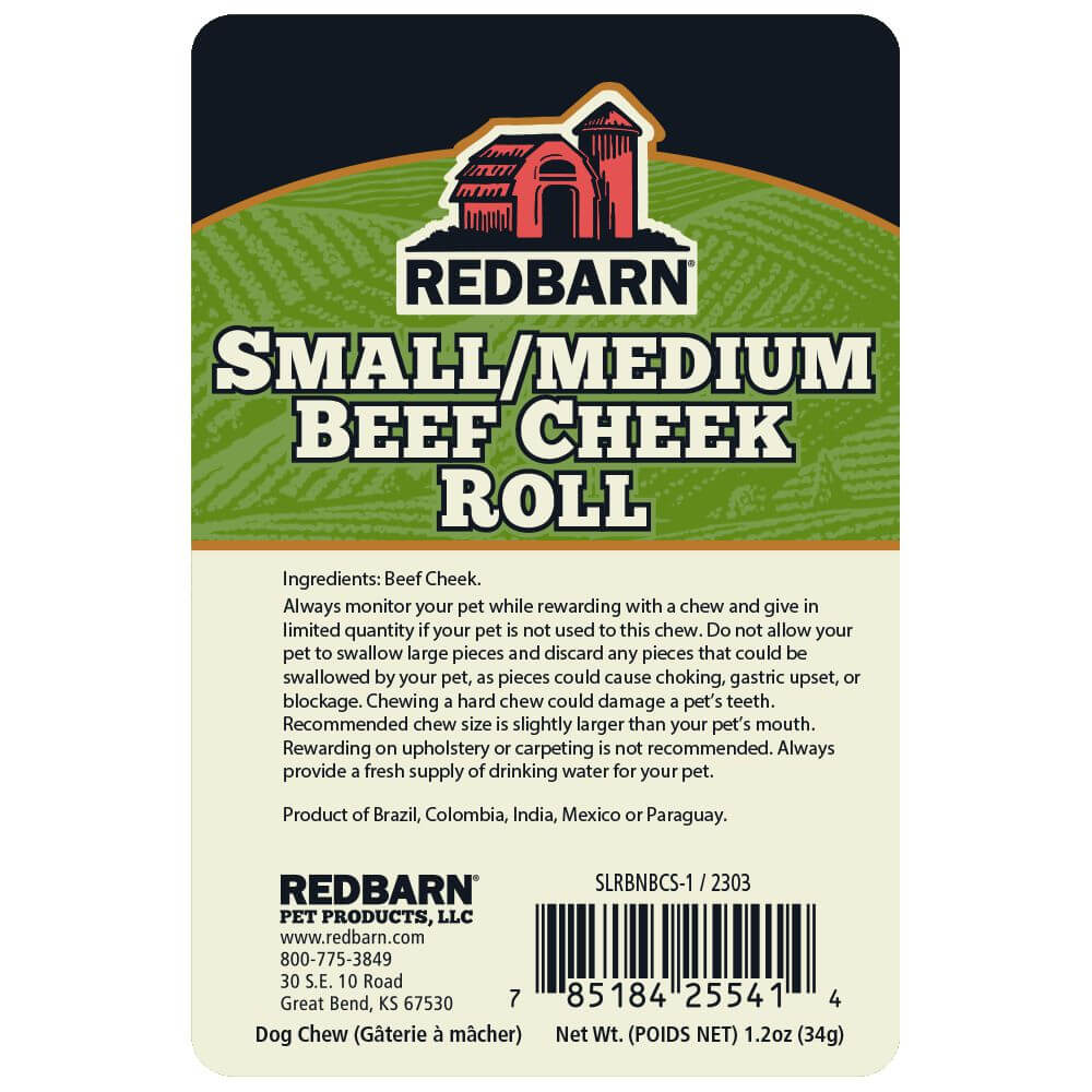 Redbarn Beef Cheek Roll - Ingredients and Safety warning labels