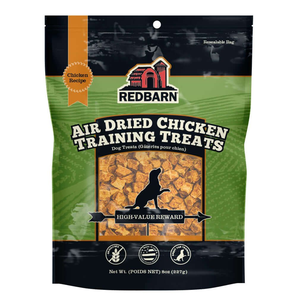 Bag of Redbarn Air Dried Chicken Training Treats for dogs, high-value reward, resealable bag, chicken recipe for training and dental health.