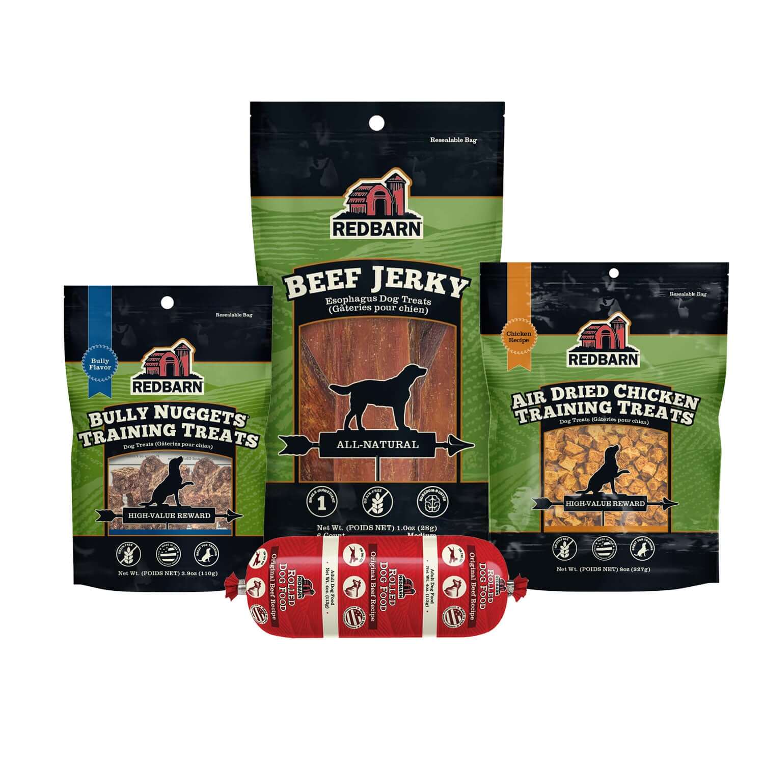 All natural dog chews and training treats bundle including beef jerky, bully nuggets, and air dried chicken for dental health