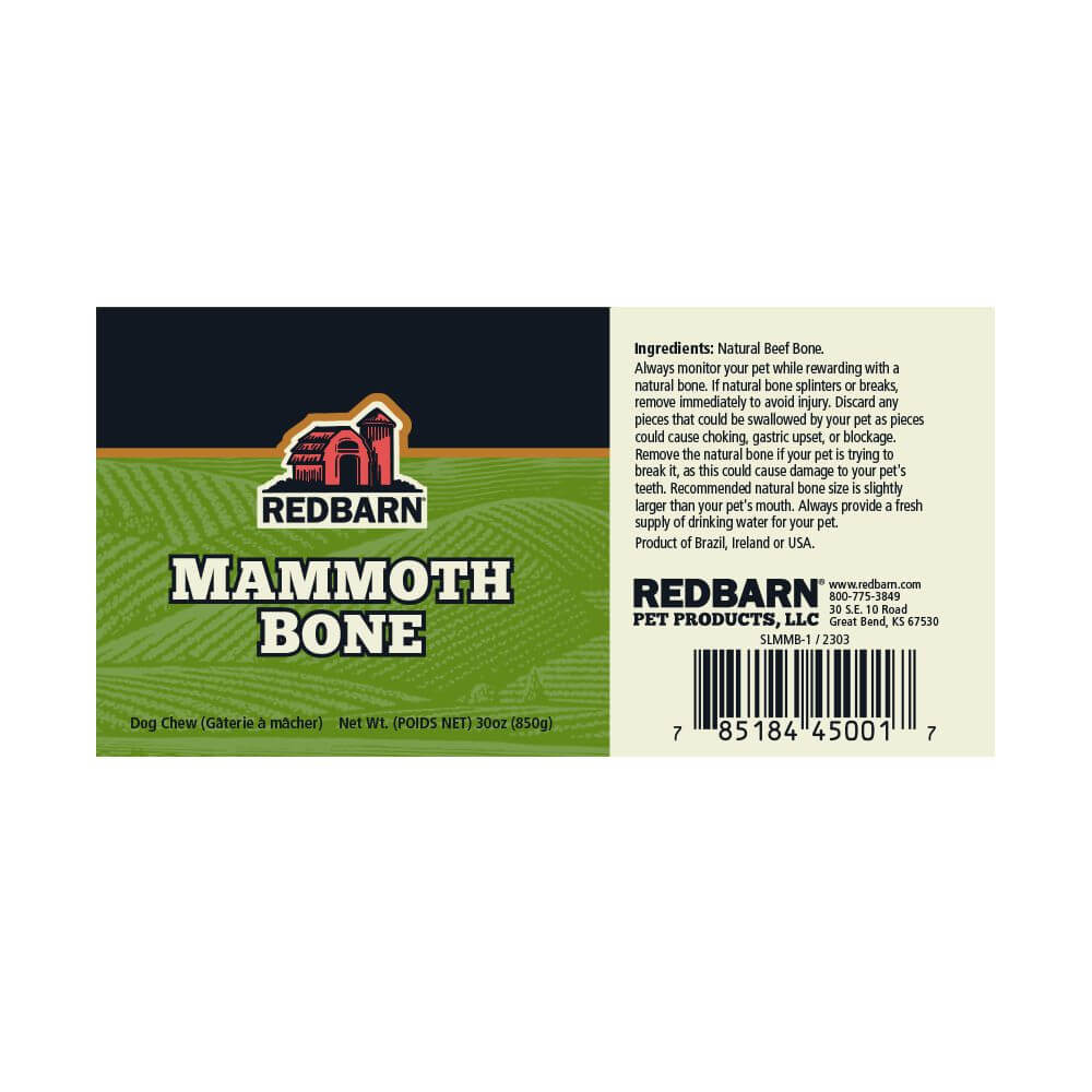 Redbarn Mammoth Bone - Ingredients and Safety Warning Label