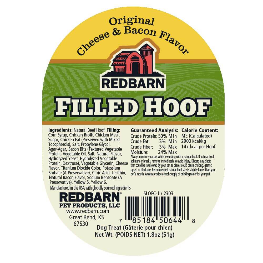 Redbarn Filled Hoof Cheese & Bacon Flavor - Ingredients and Safety Warning Label