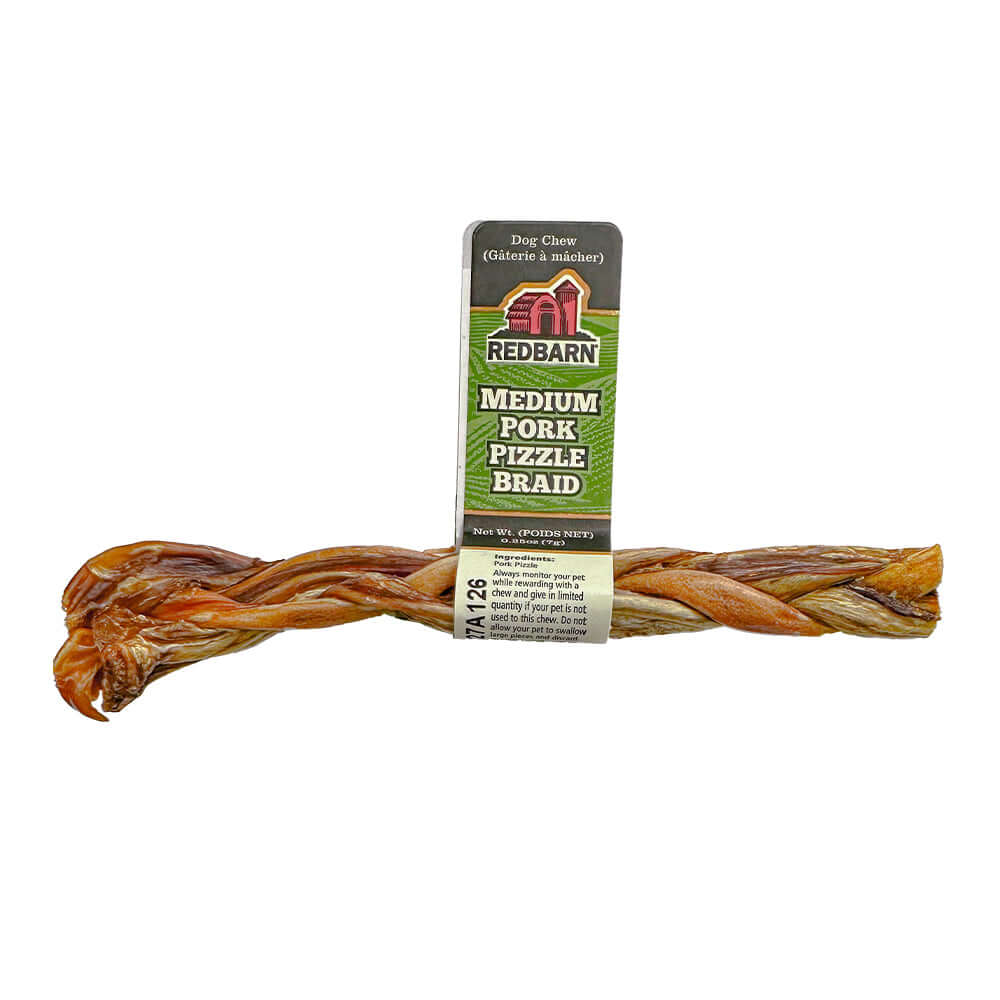 One Pork Pizzle Braided dog chew with Redbarn tag