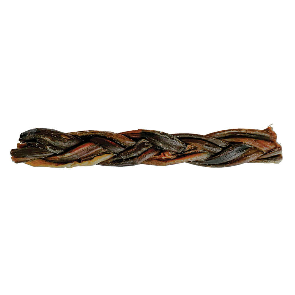 A dark colored braided dog chew with no text