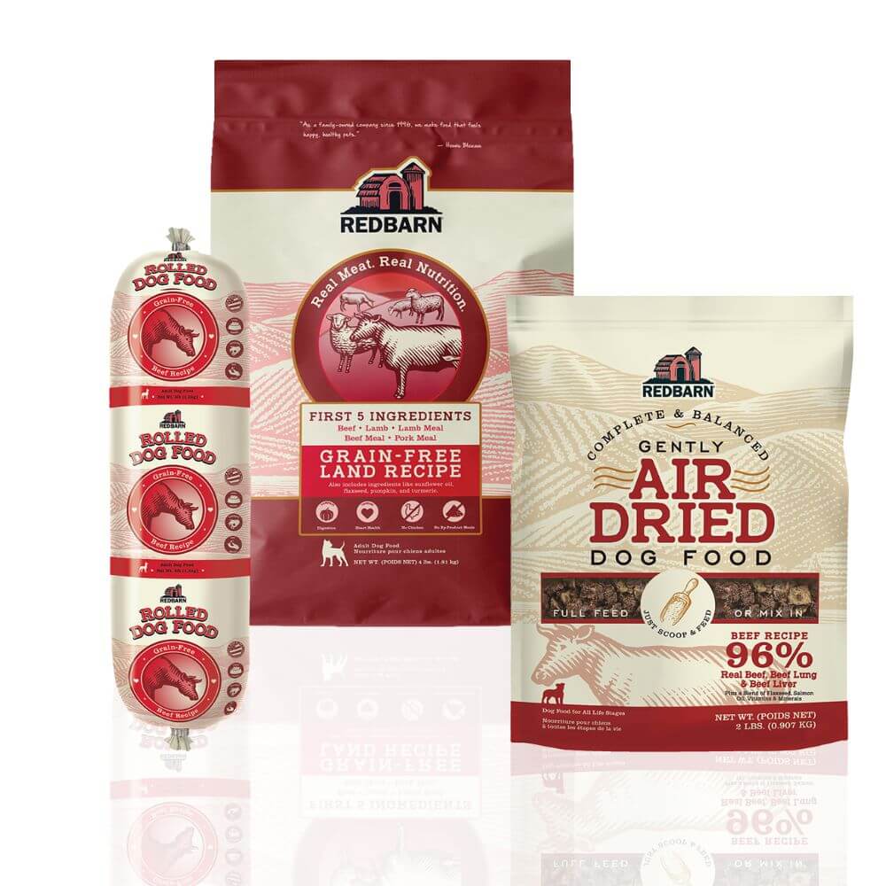 Redbarn Family of Foods Sample Pack - Grain Free including 1 - 4lb Grain-Free Land Recipe Dry Dog Food, 1 - 2lb Air Dried Beef Dog Food and 1 - 3lb Grain-Free Beef Recipe Rolled Food 