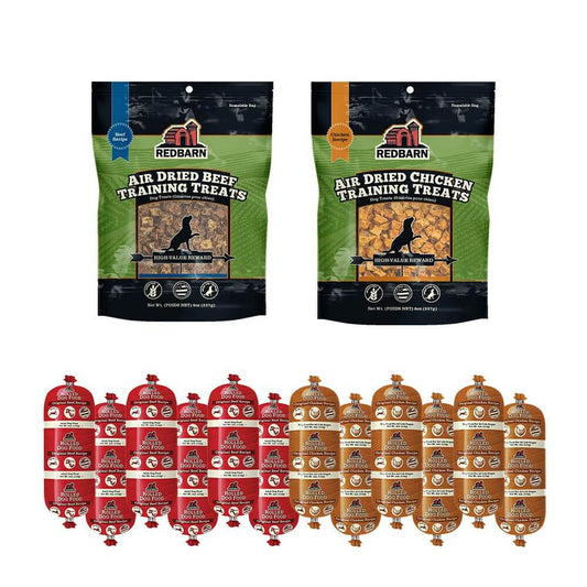 Redbarn Training Packs including 1 Bag of Air Dried Chicken Training Treats, 1 Bag of Air Dried Beef Training Treats 6 - 4oz Rolls of Chicken Recipe Rolled Food and 6 - 4oz Rolls of Beef Recipe Rolled Food