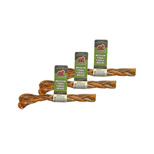 Three Pork Pizza Braid dog treats with Redbarn tags