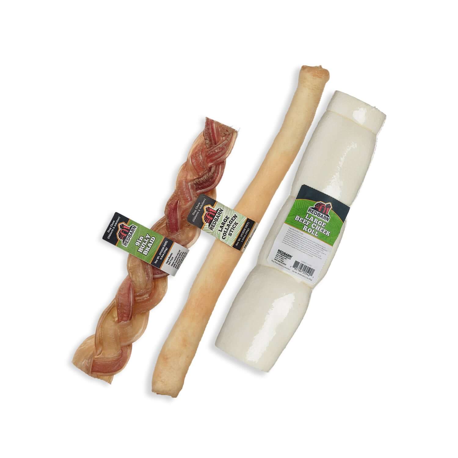 Chew Time Bundle which includes a Large Collagen Stick, a Large Beef Cheek Roll, and a 9