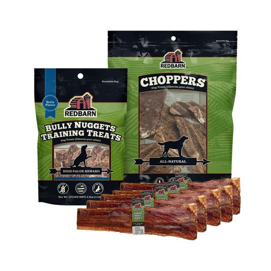 Big Dog Treat Bundle which includes a bag of Choppers, a bag of Bully Nuggets, and Beef Jerky - Large (5 pack)