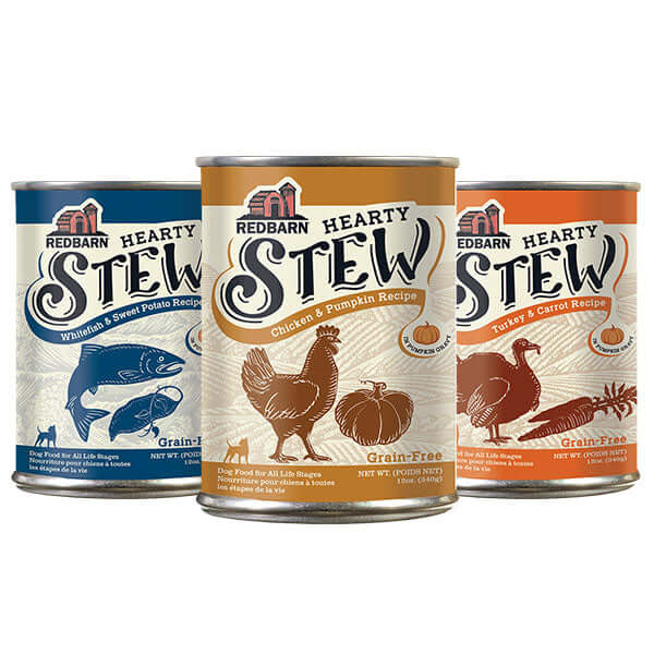 Variety Cans consisting of Chicken & Pumpkin, Turkey & Carrot, Whitefish & Sweet Potato Hearty Stews