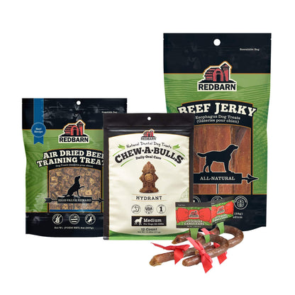 Redbarn Holiday Treat Value Pack including 3 Fetchers Candy Canes, a a Medium 6ct pack of Beef Jerky, a Medium 12ct pack of Chew-A-Bulls® Hydrant, Air Dried Training Treats Beef 8oz Bag