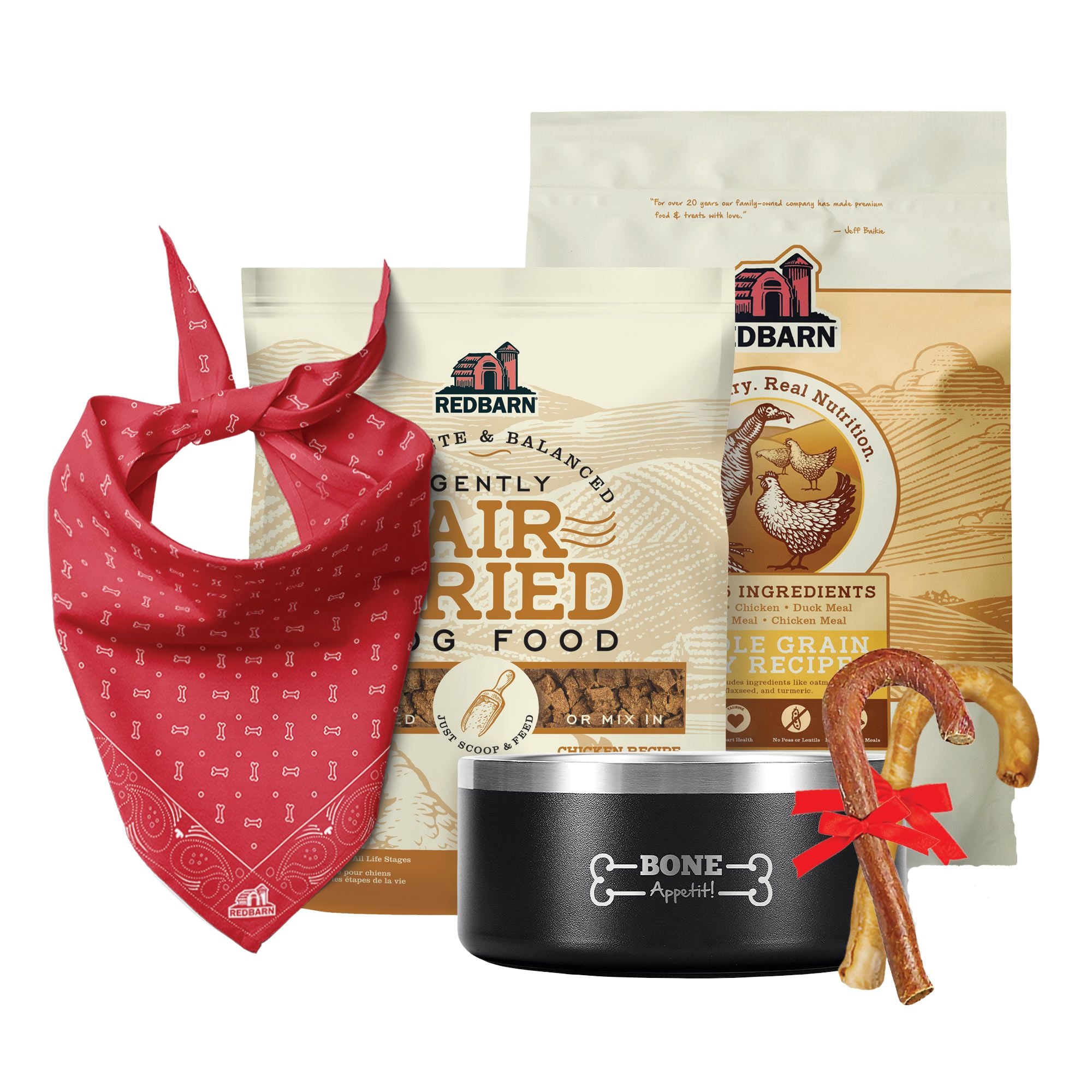 Holiday dog products including candy cane treats, bandana, dog food and a bowl reading Bone Appetit!