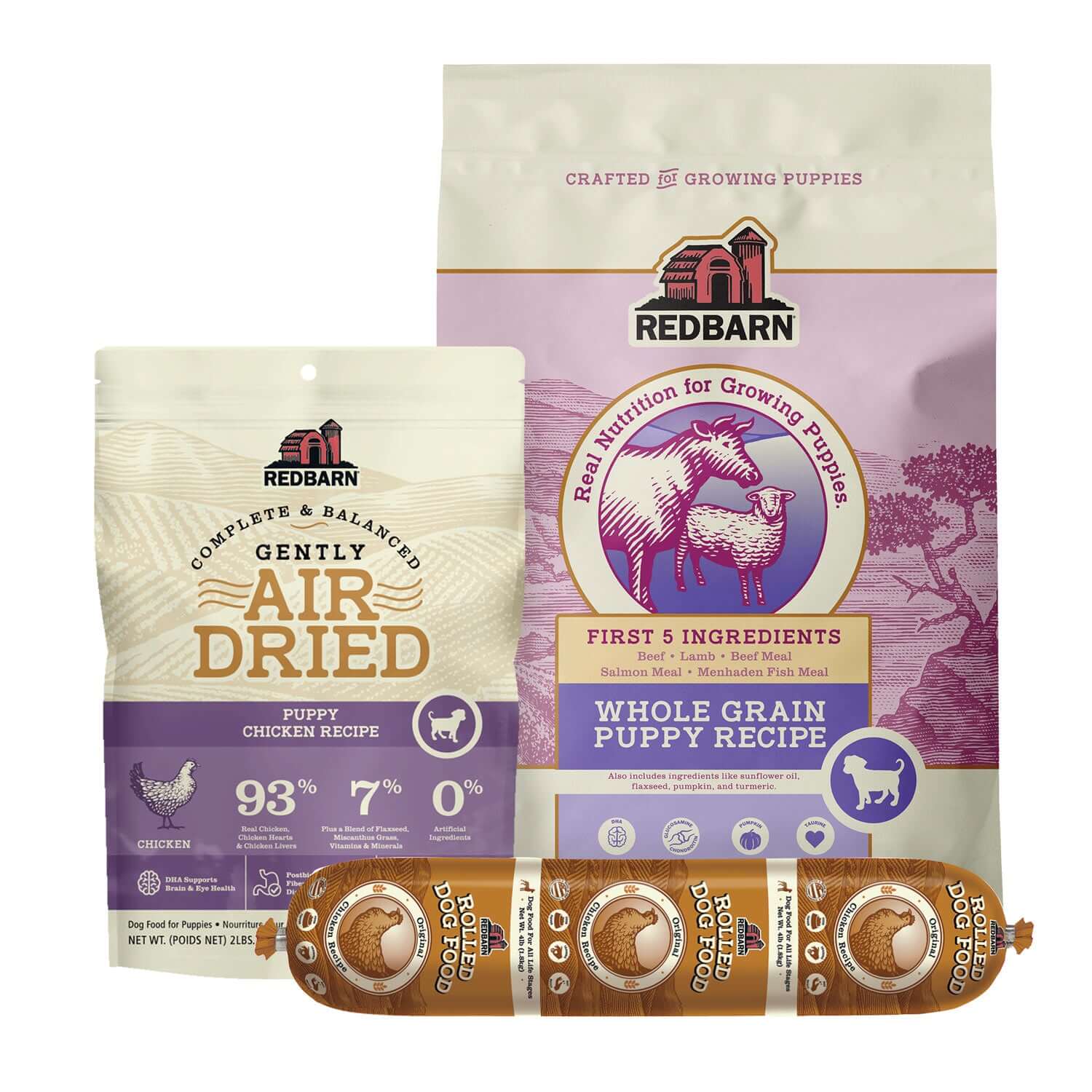 Whole Grain Puppy Food Value Pack consisting of Air Dried Puppy Chicken Recipe, Whole Grain Puppy Recipe & Whole Grain Chicken Rolled Dog Food