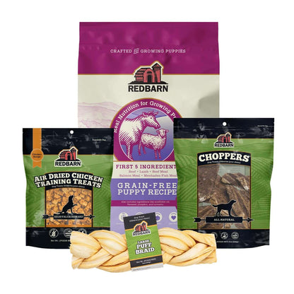 Redbarn Grain-Free Puppy Pack consisting of a 4lb bag of Grain-Free Puppy Recipe Dry Dog Food, Choppers, Puff Braid, and Air Dried Chicken Training Treats