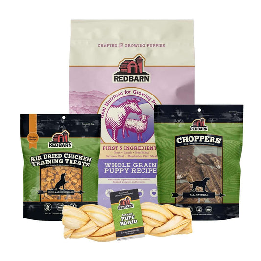 Redbarn Whole Grain Puppy Pack consisting of a 4lb bag of Whole Grain Puppy Recipe Dry Dog Food, Choppers, Puff Braid, and Air Dried Chicken Training Treats