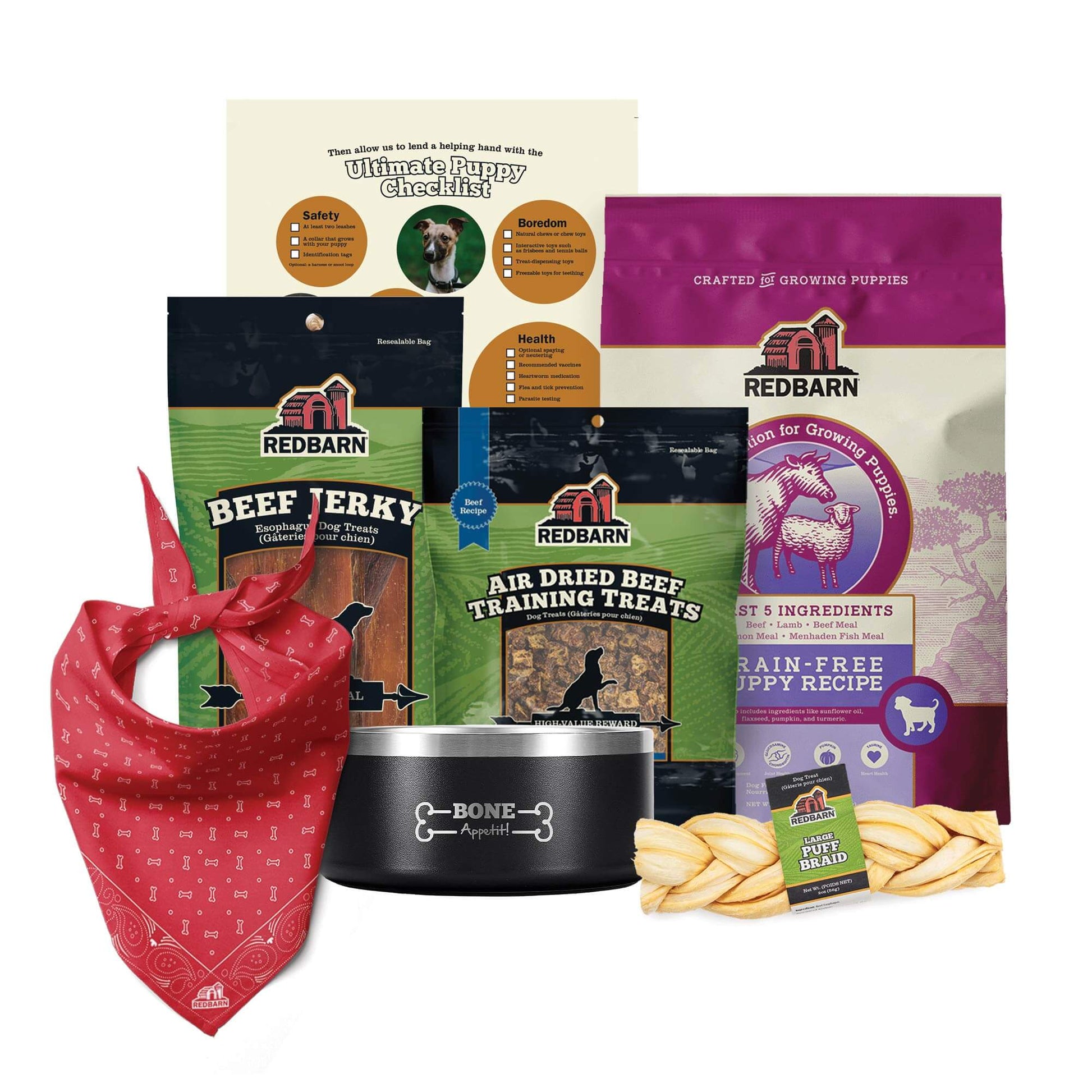 Redbarn Puppy Starter Pack consisting of Puff Braid, 4lb Bag of Grain Free Puppy Recipe Dog Food, Air Dried Beef Training Treats, Medium Beef Jerky (6 pack), a Bone Appetit Dog Bowl, and a Good Dog Bandana