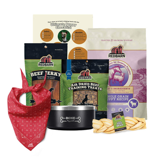 Redbarn Puppy Starter Pack consisting of Puff Braid, 4lb Bag of Whole Grain Puppy Recipe Dog Food, Air Dried Beef Training Treats, Medium Beef Jerky (6 pack), a Bone Appetit Dog Bowl, and a Good Dog Bandana