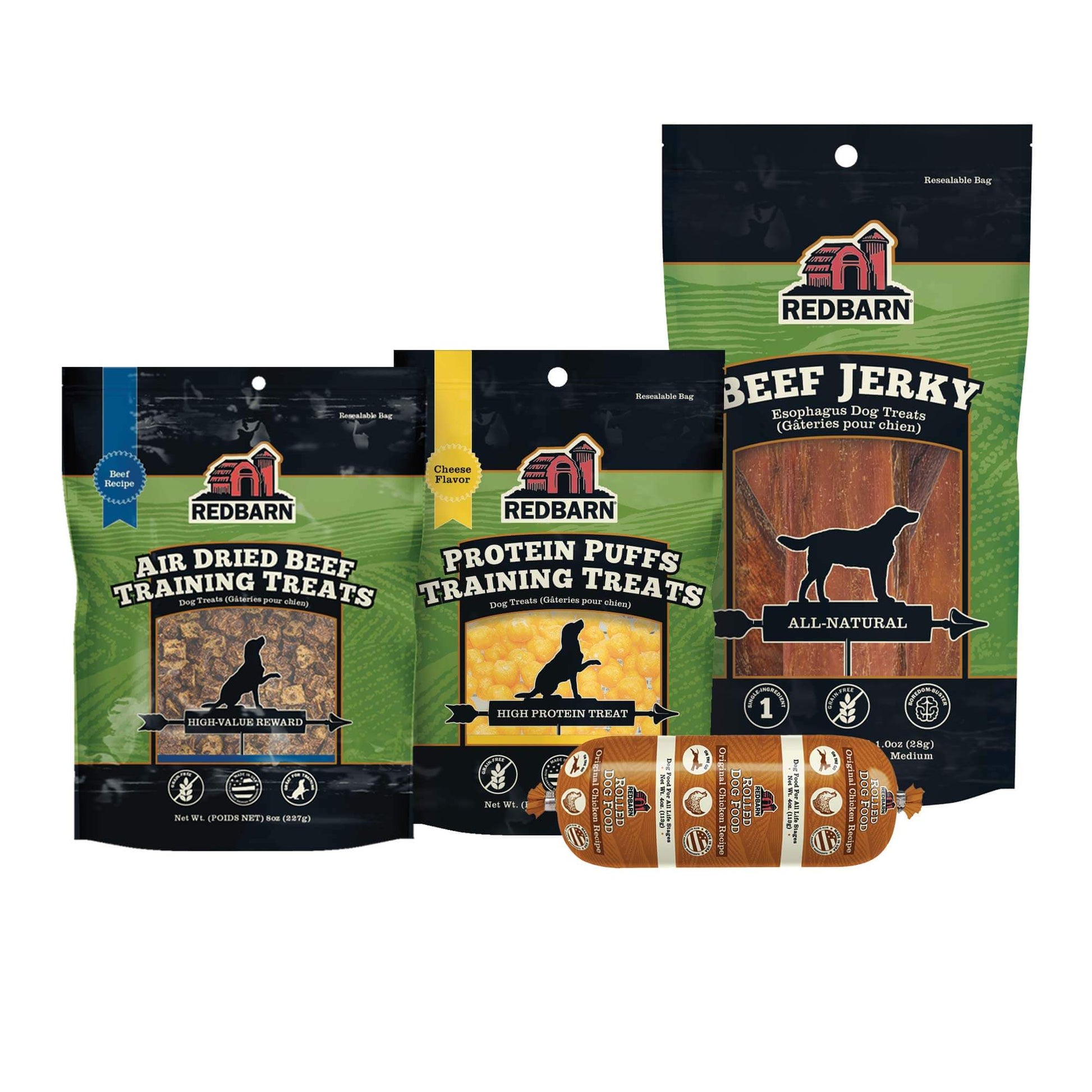 Puppy Training & Treating Bundle consisting of the Air Dried Beef Training Treats﻿, 4oz Chicken Recipe Rolled Food, Beef Jerky (6 pack)﻿ and Protein Puffs Cheese Flavor