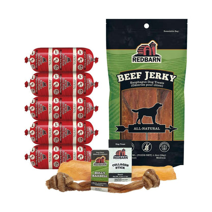 Redbarn Small Dog Bundle including Barky Bark, Bully Barbell, Small Collagen Stick 5 - 4 oz Beef Rolled Food