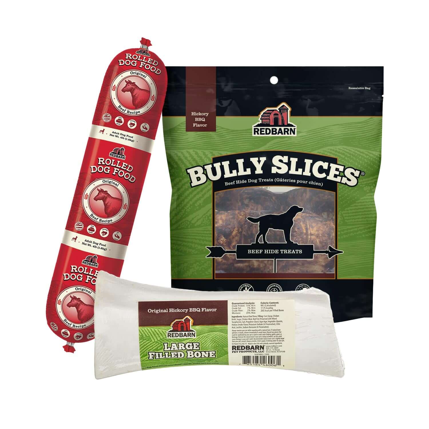 Three items bundled together, Beef Dog Food Rolls, Hickory BBQ Filled Bone, Bully Slices Hickory BBQ Flavor. Larger Size