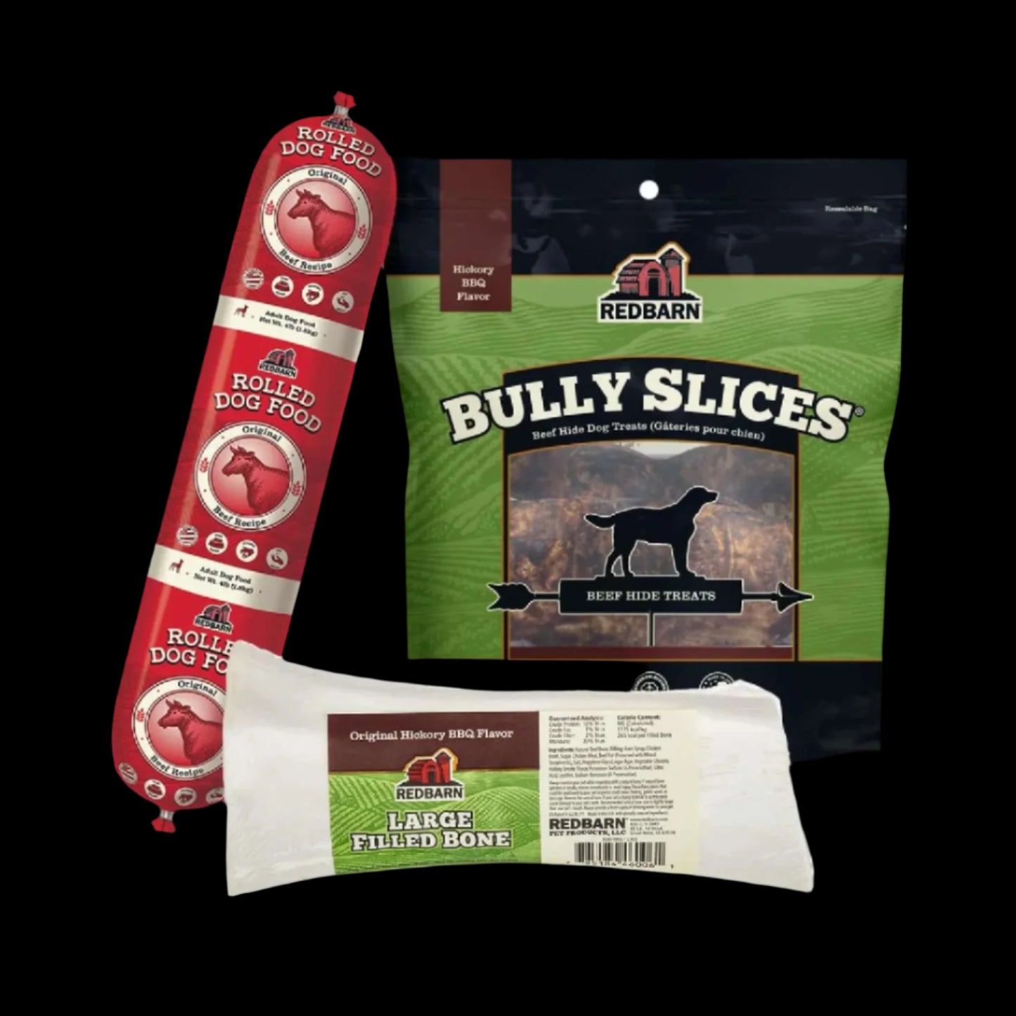 Three items bundled together, Beef Dog Food Rolls, Hickory BBQ Filled Bone, Bully Slices Hickory BBQ Flavor. Larger Size