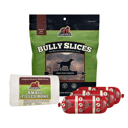 Three items bundled together, Beef Dog Food Rolls, Hickory BBQ Filled Bone, Bully Slices Hickory BBQ Flavor.