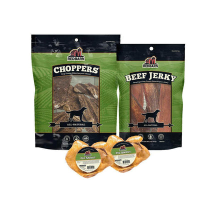 Redbarn Single-Ingredient Bundle consisting of 6 pack of Medium Beef Jerky, Choppers, and Pig Snout﻿